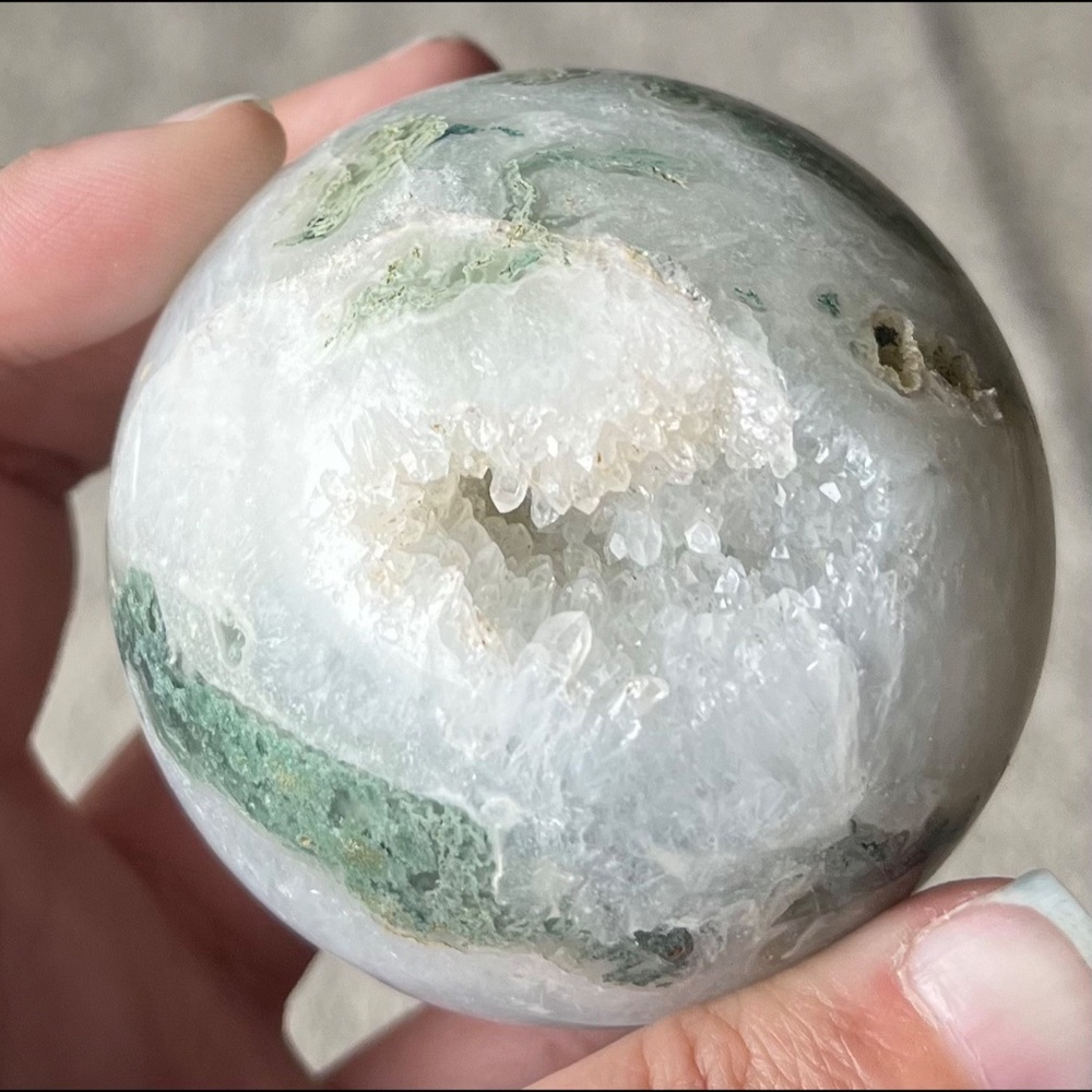 Moss Agate Sphere w/ Heart-Shaped Druzy Pocket